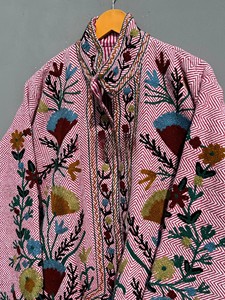 Handcrafted Pink and <b>White</b> Chevron Cotton Quilted <b>Jacket</b> Mandarin Collar Vibrant Floral Kashmiri Aari Hand Embroidery <b>Jacket</b> - Product Image 3