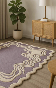 Tapis en laine tufté fait main, écologique, antidérapant, adapté aux animaux domestiques, pour enfants et adultes, design moderne, violet crème, pour la prière - Product Image 4