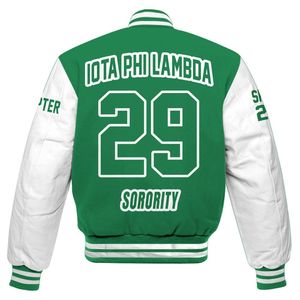 Veste universitaire personnalisée pour femmes Iota Phi Lambda, corps vert émeraude, manches blanches, lettres, écusson, numéro, année, veste bomber - Product Image 6