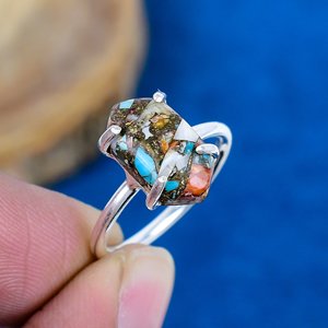 Natural Spiny Blue Oyster Copper <b>Turquoise</b> Hexagon Shape Gemstone Handmade <b>Ring</b>, 925 Sterling Silver - Product Image 1