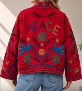 Red Embroidered <b>Mandarin</b> <b>Collar</b> <b>Jacket</b> Women's Boxy Fit Floral Pattern Open Closure Autumn Outerwear Woven Velvet Coat - Product Image 4
