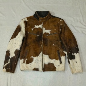 High Quality Handmade Hair-on Cowskin Leather <b>Jacket</b> Men Western Cowboy Style Stand Collar Zip Up Cafe <b>Racer</b> Genuine Leather - Product Image 5