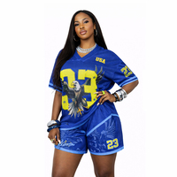 Ensemble deux pièces streetwear pour femme, style oversize, maillot de basket USA, t-shirt col en V et short imprimé, tenues d'été