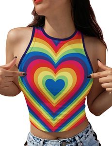 Top corto tipo halter con estampado de corazones arcoíris para mujer, top informal de punto transpirable - Product Image 1