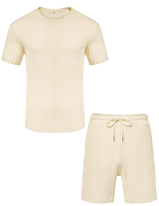 Ensemble T-shirt et short en maille gaufrée pour homme, col rond, couleur unie, respirant, décontracté, 100% coton, tenue deux pièces - Product Image 1