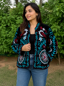 Chaqueta Bomber de Terciopelo para Mujer, Tejida a Mano con Diseño Floral, Forro de Algodón Bohemio Suzani, Estilo Étnico Vintage, Transpirable - Product Image 1