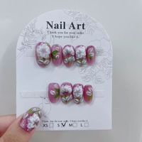Kuku Palsu Buatan Tangan Grosir 3D Ukiran Bunga Putih Pink Cat Eye Kuku Palsu Dapat Digunakan Kembali Full Cover Seni Kuku Buatan OEM