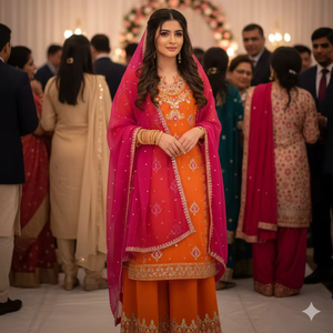 Ensemble Salwar Kameez en Georgette Festif Hiver 2026 avec Broderie Miroir Gota Patti, Tenue de Soirée Pakistanaise de Créateur, Dupatta Rose - Product Image 1