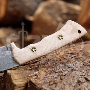 Cuchillo de caza OEM personalizado de acero de Damasco Wirecut, cuchillo Skinner con gancho para deshuesar, hoja fija, para camping, actividades al aire libre, EDC, con funda de cuero - Product Image 5