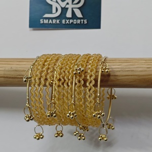 Cream Resin Glass Bangle Set 16 Piece Handmade Kashmiri Style Gold Ghungroo Bangles for Women Wedding Festival Jewelry - Product Image 4