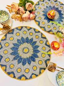 Handmade <b>Blue</b> Gold Beaded Round <b>Placemat</b> Stripe Embroidered Eco-Friendly Customizable Home Decor (15 Inch) - Product Image 2