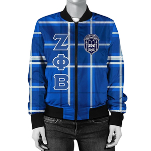 Veste pour homme, veste bomber varsity à lettres grecques, bleu à carreaux, brodée, style universitaire, hiver - Product Image 1