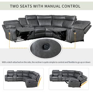 Poltrona Reclinabile Manuale Grigia con Portabicchieri e Vano Portaoggetti in PU per Soggiorno e Home Theater - Product Image 4