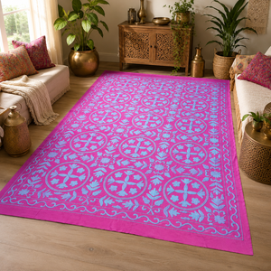Couvre-lit en coton brodé Suzani exclusif, motif floral magenta et aqua, fait main, style bohème indien, décoration ethnique pour la maison - Product Image 2