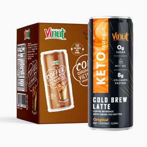 กาแฟคีโต อาราบิก้า โรบัสต้า 320 มล. กระป๋องอะลูมิเนียม ปราศจาก GMO ปราศจากนม ปราศจากกลูเตน 8 บริกซ์ แช่เย็น VINUT แบรนด์ส่วนตัว รับผลิตแบบ OEM ODM - Product Image 1