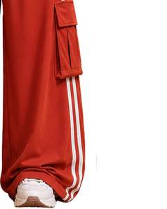 กางเกงวอร์มขายาวสีแดงสำหรับผู้หญิง เอวสูง มีเชือกผูก กระเป๋าข้าง สไตล์ลำลอง สตรีทแวร์ ทรงหลวม - Product Image 4