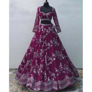 งานปักผ้าจอร์เจียของดีไซเนอร์ lehenga choli กับไวน์ dupatta - Product Image 1