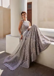 Premium Pakistani Bridle <b>Dress</b> <b>Silver</b> Metallic Sculptural Bridal Gown Featuring Bold Structured Padded Shoulders Intricate - Product Image 4