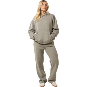 Ensemble de survêtement de luxe pour femme : sweat à capuche oversize et pantalon large en mélange de coton, décontracté, délavé à l'acide, couleur unie, 2 pièces - Product Image 1