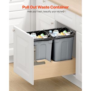 Poubelle coulissante en bois à double bac 35 QT X2 pour armoires de cuisine, bac de recyclage de déchets 12L à capteur, conteneur de déchets à fixation murale - Product Image 1