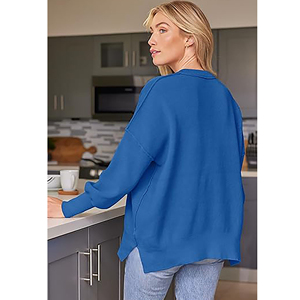 Suéter Oversize de Mujer con Mangas Murciélago, Cuello Redondo, Tejido Acanalado, Holgado, Manga Larga, Abertura Lateral, Color Liso, Estilo Casual para Otoño 2025 - Product Image 6