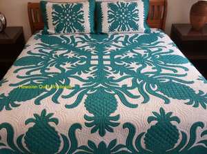 Handmade Designer <b>Light</b> Green Color And White Embroidered Hawaiian Quilts With <b>Pineapple</b> Patterned Work Quilts Set For Decor - Product Image 1