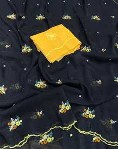 Sari de Chifón Crujiente con Bordado de Diseño y Blusa de Chifón Crujiente sin Coser con Bordado - Product Image 5