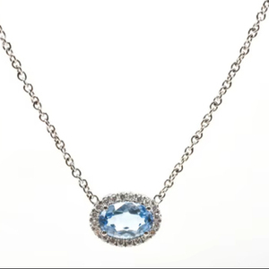 Collar Vintage de oro blanco de 14K, piedra preciosa de Aguamarina de corte brillante ovalado, piedras laterales de perlas de diamantes blancos para compromiso de boda - Product Image 3