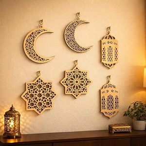 Decoración Colgante de Madera con Forma de Luna de Ramadán, Adorno de Pared Islámico con Forma de Creciente, Decoración para el Hogar en Eid, Interior y Exterior - Product Image 5