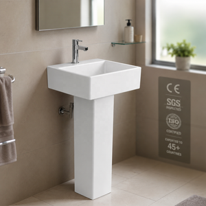 Lavabo sur pied rectangulaire pour salle de bain avec robinet à levier monotrou, drain NSF, design minimaliste, en céramique blanche polie, à poser au sol - Product Image 3
