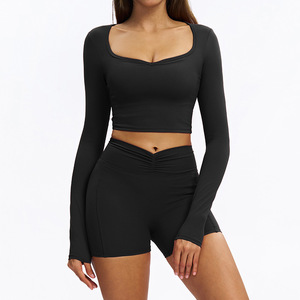 Conjunto Deportivo para Mujer, Modelo Nuevo, Elástico, Transpirable, con Logotipo Personalizado, para Yoga, Gimnasio, Fitness, Top de Manga Larga y Pantalones Cortos - Product Image 2