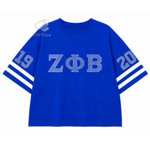 เสื้อยืดผู้หญิง Zeta Phi Beta ประดับเพชร ลายกรีก สีน้ำเงินขาว คอกลม แขนลายทาง ทรงหลวม พิมพ์ลายกราฟิก - Product Image 1