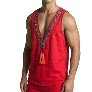 Wholesale Price Men's Ethnic Embroidered Tank Top Deep V Neck Sleeveless Muscle <b>Shirt</b> Tassel <b>Boho</b> Chic Summer Tank Tops For Men - Product Image 5
