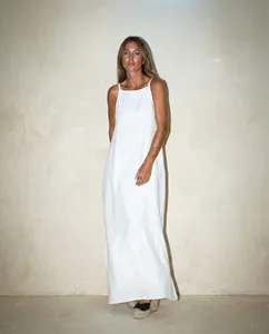 Robe longue décontractée pour femme en mélange de lin blanc uni, sans manches, pour l'été, la plage et les vacances, coupe ample - Product Image 1