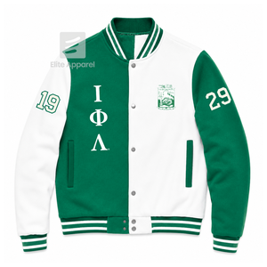 Veste universitaire personnalisée Iota Phi Lambda Sorority, verte et blanche, manches longues, boutons sur le devant, col à revers, logo brodé, coton. - Product Image 1