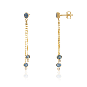Boucles d'oreilles pendantes pour femme en or jaune pur 18 carats, saphir bleu et diamant, serties clos, légères, à double maillon, best-seller - Product Image 3