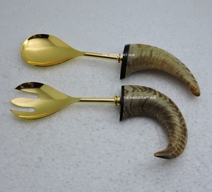 Salad Server Set with Horn Handle & Stainless Steel Gold Plated Eco-Friendly Dishwasher <b>Safe</b> Salad <b>Tools</b> for Home Restaurant Use - Product Image 2
