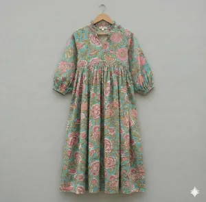 Robe maxi en coton 100% imprimée à la main, style bohème, col en V, manches bouffantes, robe d'été décontractée pour femmes - Product Image 1