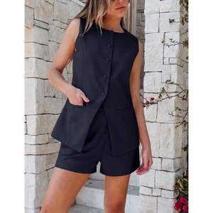 2025 conjunto de lino de 2 piezas para mujer, cómodo chaleco abotonado, pantalones cortos de verano, elegante, informal para vacaciones, uso diario a juego - Product Image 5