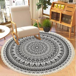 Tapis rond moderne en jute tressé avec franges, dos antidérapant en caoutchouc pour chambre à coucher, design à poils plats écologique - Product Image 4