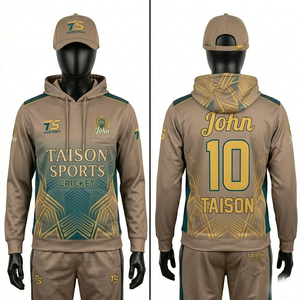 Sudadera con Capucha para Hombre, para Cricket, de Poliéster y Forro Polar, 320 GSM, Color Beige con Panel Dorado, Ropa Deportiva, Personalizable con Nombre y Número, Impresión por Sublimación - Product Image 1