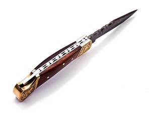 Cuchillo Plegable de Acero de Damasco con Mango de Palisandro y Funda de Cuero, ODM OEM, para Bolsillo, EDC, Caza, Camping, Grado Industrial - Product Image 4