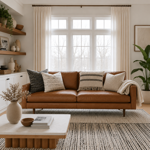 Sofá de Cuero Genuino de Estilo Moderno de Mediados de Siglo, 2.5 Plazas, Respaldo Ajustado, Tapizado con Patas de Madera para Sala de Estar - Product Image 1