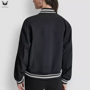 Newest Full Sleeve Turn Down Collar Autumn Wear Embroidered <b>Star</b> Patch Pocket Polyester Material Women's Black Varsity <b>Jackets</b> - Product Image 2