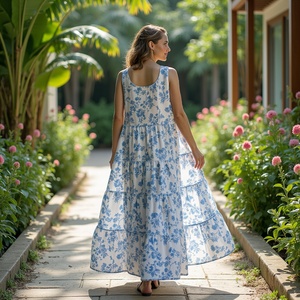Vestido maxi de verano floral bohemio con cuello redondo sin mangas estilo casual para damas y chicas jóvenes estampado de vides azules blancas - Product Image 1