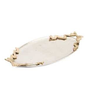 Plateau de service ovale en or martelé avec poignées en laiton, pieds surélevés, finition texturée, plateau de luxe pour la cuisine, centre de table, cadeau - Product Image 1