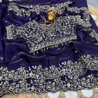 Sari en soie satinée traditionnel indien, élégant et magnifique, brodé avec des fils Zari, pour les occasions de fête et de mariage, pour femmes