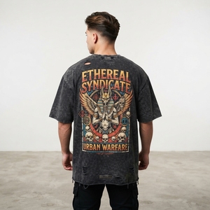 Men's <b>Black</b> Acid Wash Distressed T Shirt Skull <b>Wing</b> Graphic Print Oversized Short Sleeve Streetwear Apparel Wholesale - Product Image 1