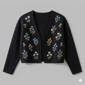 Cardigan en tricot personnalisé pour femmes, col en V, manches longues, broderie florale, style bohème, été, respirant, vintage, longueur normale - Product Image 1
