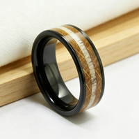 Bague en carbure de tungstène noir avec incrustation bois et bois de cerf, alliance plate de 8 mm pour homme, bijoux vintage nature en gros